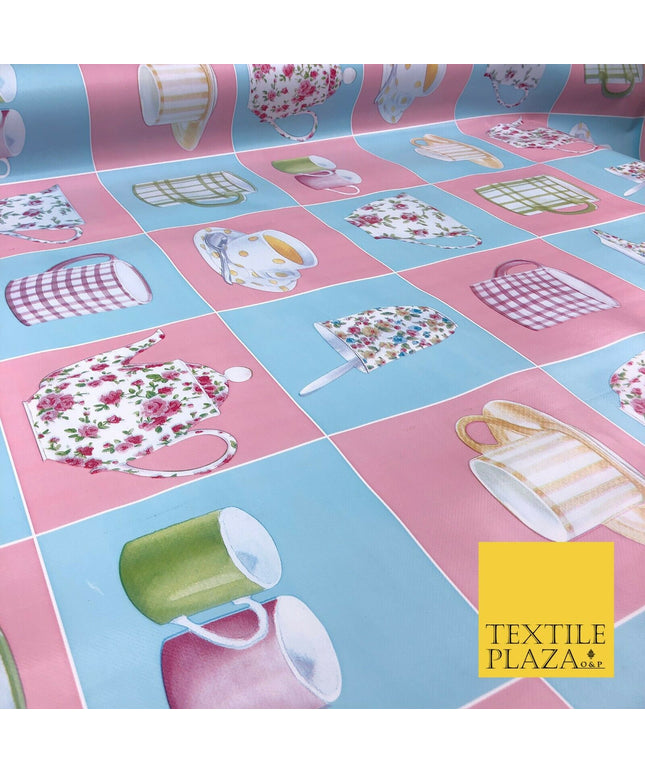 Blue Pink Tea Party Cup Mug Pot PVC VINYL Tablecloth Oilcloth Wipe Clean 1264