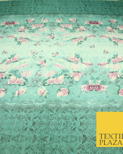 Sea Green Pink Floral Roses Panel Premium Printed Georgette Dress Fabric 2824