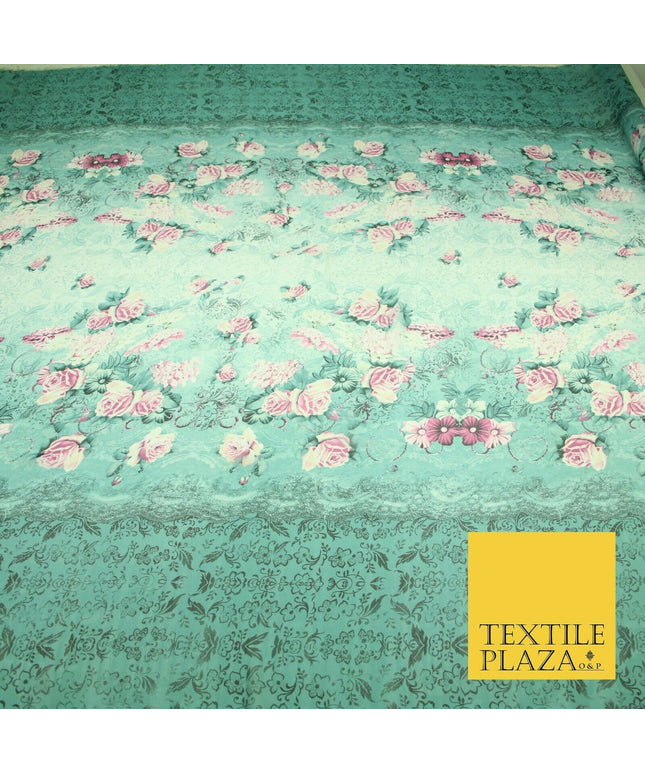 Sea Green Pink Floral Roses Panel Premium Printed Georgette Dress Fabric 2824
