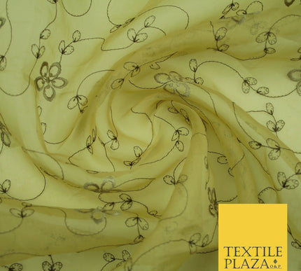 Gold Tonal Floral Flowing Lines Flower Embroidered Organza Dress Fabric 2815