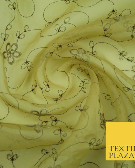 Gold Tonal Floral Flowing Lines Flower Embroidered Organza Dress Fabric 2815