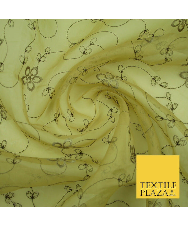 Gold Tonal Floral Flowing Lines Flower Embroidered Organza Dress Fabric 2815