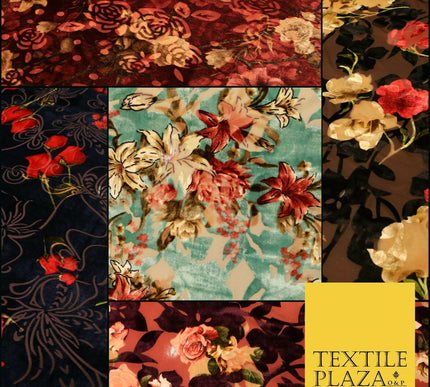 Floral Classic Sketch Roses Flower Mix Print Velvet Devore Burnout Net Fabric