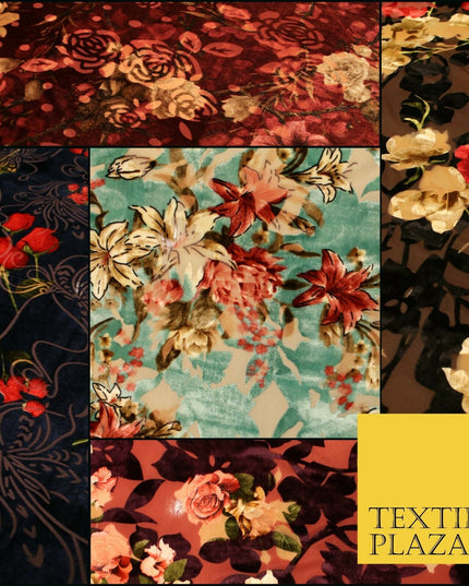 Floral Classic Sketch Roses Flower Mix Print Velvet Devore Burnout Net Fabric