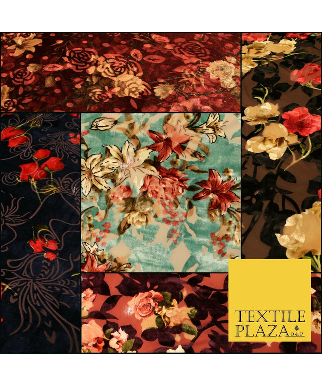Floral Classic Sketch Roses Flower Mix Print Velvet Devore Burnout Net Fabric