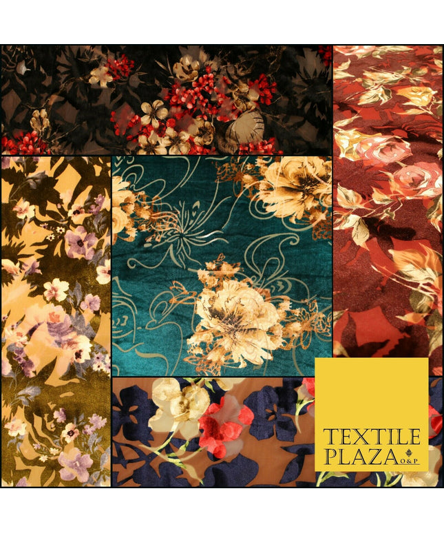 Floral Clusters Artsy Peony Pansy Flower Print Velvet Devore Burnout Net Fabric