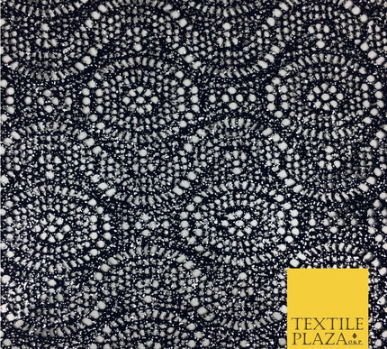 NAVY BLUE Silver Foil Stretch Lace - Party Fabric Dress Fashion Material - 2310