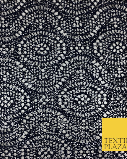NAVY BLUE Silver Foil Stretch Lace - Party Fabric Dress Fashion Material - 2310