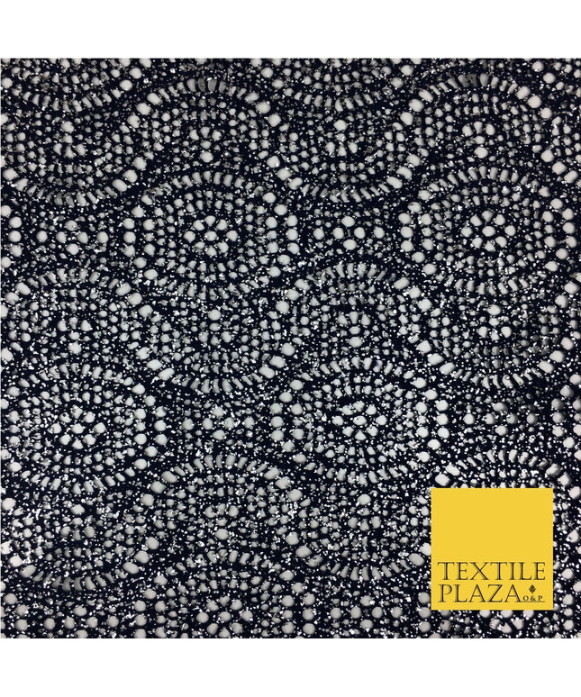 NAVY BLUE Silver Foil Stretch Lace - Party Fabric Dress Fashion Material - 2310