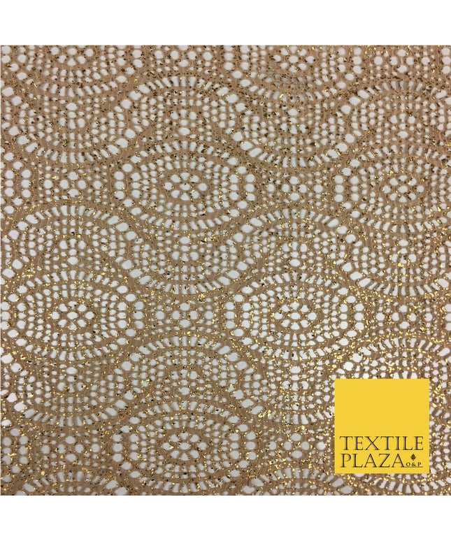 BEIGE GOLD With Foil Stretch Lace - Party Fabric Dress Fashion Material - 2312