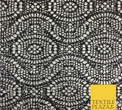 BLACK with SILVER Foil Stretch Lace Party Fabric Dress Fashion Material - 2311