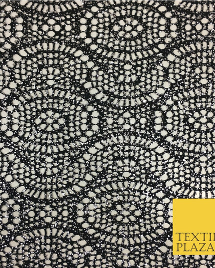 BLACK with SILVER Foil Stretch Lace Party Fabric Dress Fashion Material - 2311