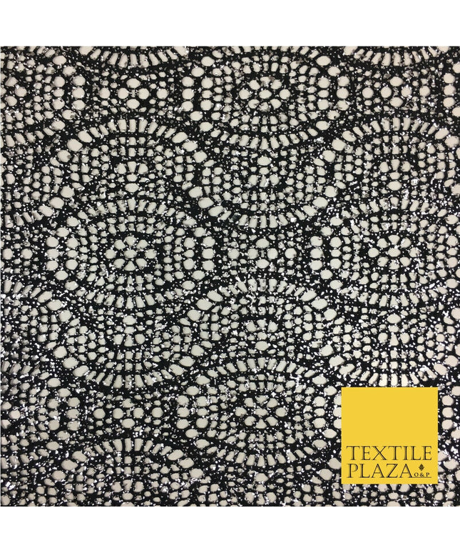 BLACK with SILVER Foil Stretch Lace Party Fabric Dress Fashion Material - 2311