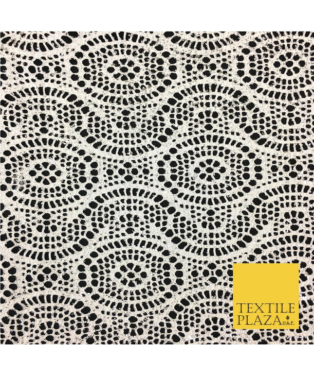 WHITE with Silver Foil Stretch Lace - Party Fabric Dress Fashion Material - 2313