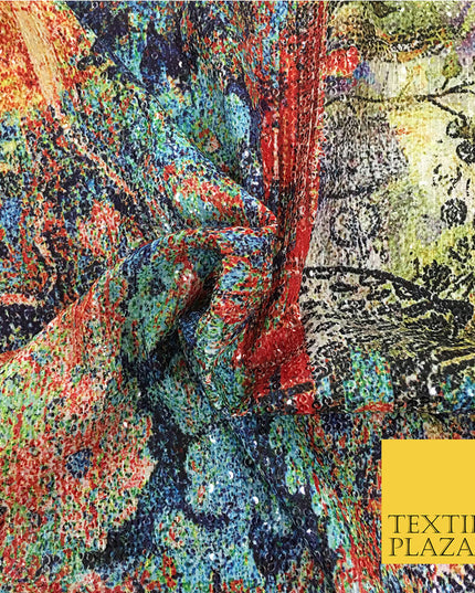 PREMIUM Digital Print Art Traditional All Over Sequin Fabric - Party Dress - 44"