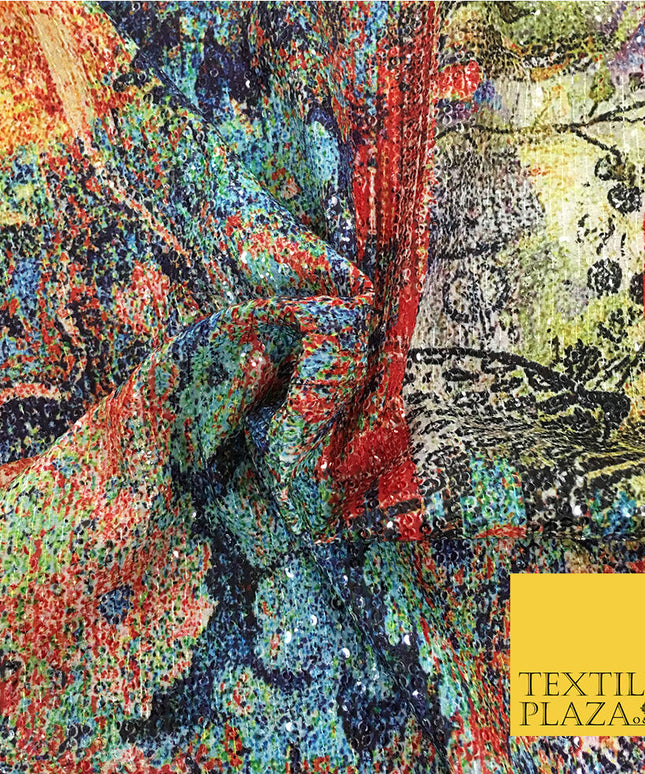 PREMIUM Digital Print Art Traditional All Over Sequin Fabric - Party Dress - 44"