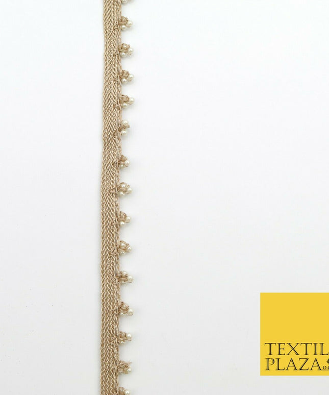 Light Gold White Pearl Trio Knot Beaded Ribbon Trim Border Indian Ethnic (X191)