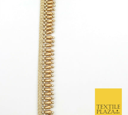 Antique Gold Pearl Teardrop Beaded Ribbon Trim Border Indian Ethnic (X185)