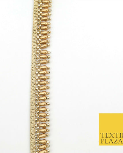 Antique Gold Pearl Teardrop Beaded Ribbon Trim Border Indian Ethnic (X185)