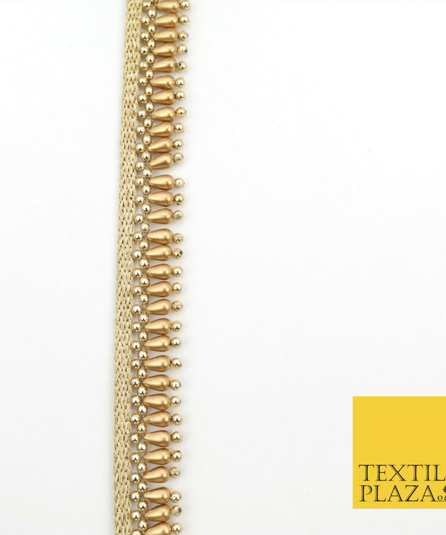 Antique Gold Pearl Teardrop Beaded Ribbon Trim Border Indian Ethnic (X185)