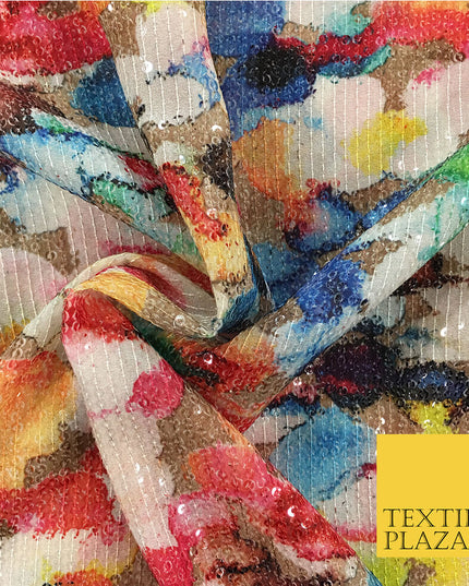 PREMIUM Digital Print Art Flower Petal All Over Sequin Fabric - Party Dress -44"