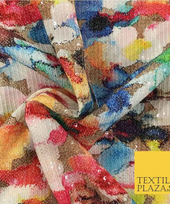 PREMIUM Digital Print Art Flower Petal All Over Sequin Fabric - Party Dress -44"