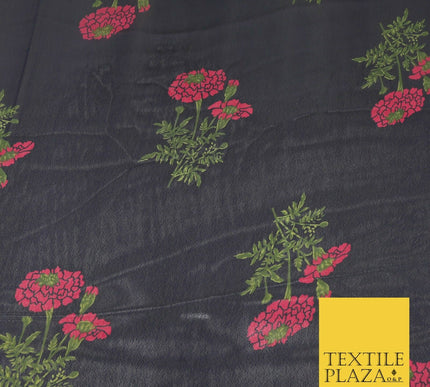 NAVY BLUE Floral Marigold Premium Printed Sheen Georgette Dress Fabric Drape1665