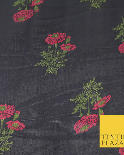 NAVY BLUE Floral Marigold Premium Printed Sheen Georgette Dress Fabric Drape1665
