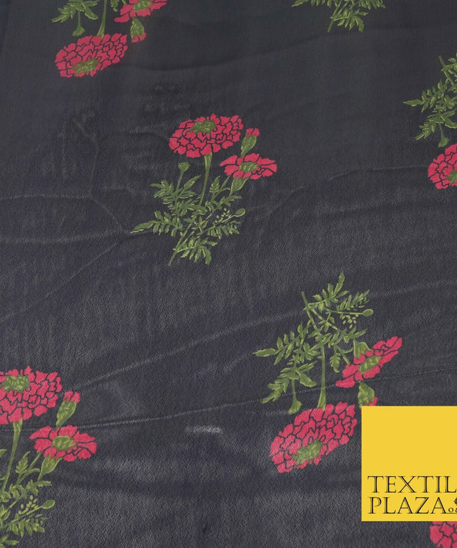NAVY BLUE Floral Marigold Premium Printed Sheen Georgette Dress Fabric Drape1665
