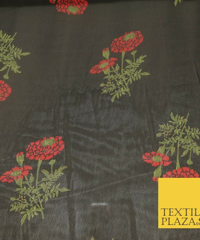 BLACK Floral Marigold Premium Printed Sheen Georgette Dress Fabric Drape 1666