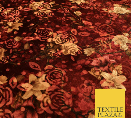 Floral Classic Sketch Roses Flower Mix Print Velvet Devore Burnout Net Fabric