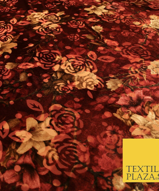 Floral Classic Sketch Roses Flower Mix Print Velvet Devore Burnout Net Fabric