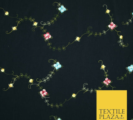 Navy Blue Multicolour Flowers Silky Threadwork Embroidered Peachskin Fabric 2831