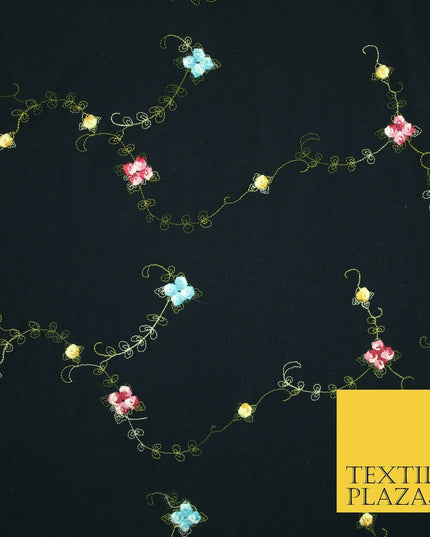 Navy Blue Multicolour Flowers Silky Threadwork Embroidered Peachskin Fabric 2831