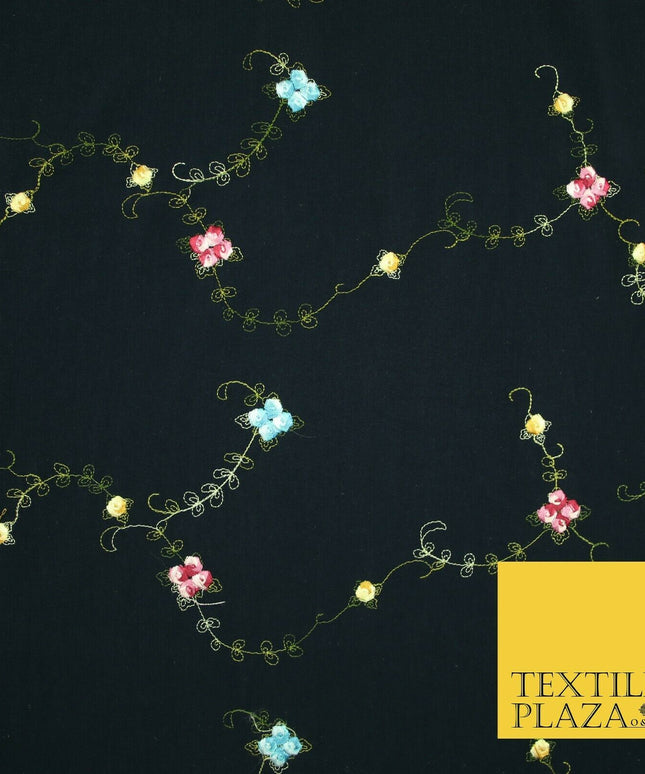 Navy Blue Multicolour Flowers Silky Threadwork Embroidered Peachskin Fabric 2831