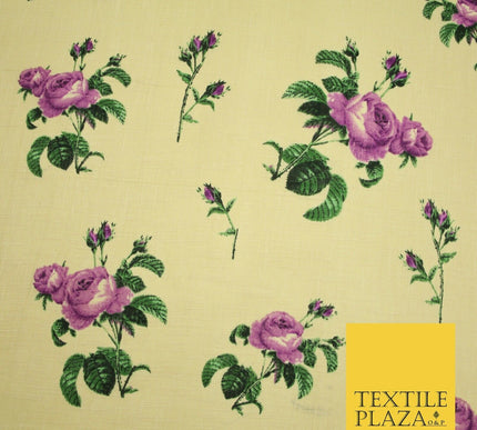 Large Rose Flower -  Summer Luxury 100% Printed Cream Floral Cotton Linen Fabric