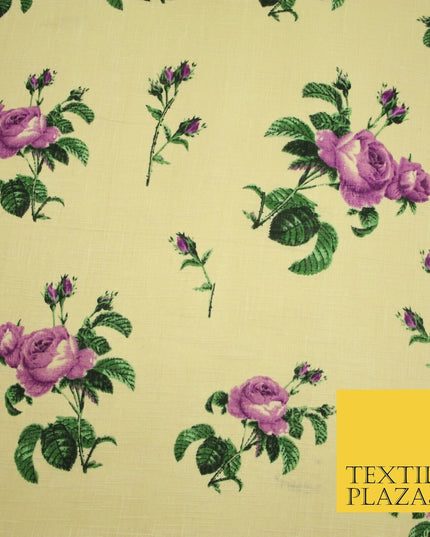 Large Rose Flower -  Summer Luxury 100% Printed Cream Floral Cotton Linen Fabric