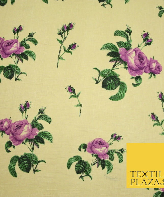 Large Rose Flower -  Summer Luxury 100% Printed Cream Floral Cotton Linen Fabric