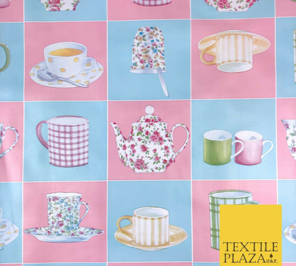 Blue Pink Tea Party Cup Mug Pot PVC VINYL Tablecloth Oilcloth Wipe Clean 1264