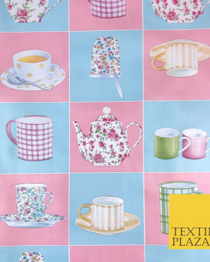 Blue Pink Tea Party Cup Mug Pot PVC VINYL Tablecloth Oilcloth Wipe Clean 1264