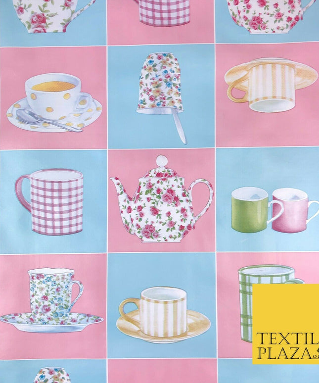 Blue Pink Tea Party Cup Mug Pot PVC VINYL Tablecloth Oilcloth Wipe Clean 1264