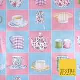 Blue Pink Tea Party Cup Mug Pot PVC VINYL Tablecloth Oilcloth Wipe Clean 1264