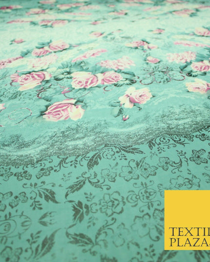 Sea Green Pink Floral Roses Panel Premium Printed Georgette Dress Fabric 2824