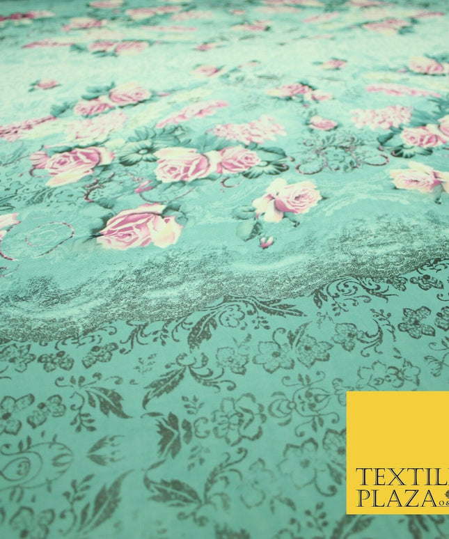 Sea Green Pink Floral Roses Panel Premium Printed Georgette Dress Fabric 2824