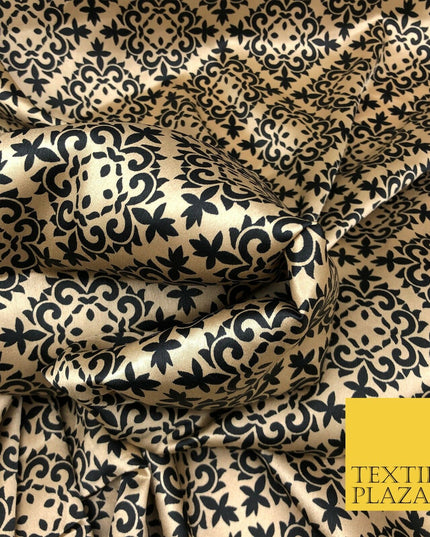 Gold Black Ornate Damask Printed Satin Dress Fabric Silky Trendy Craft 56" A1029