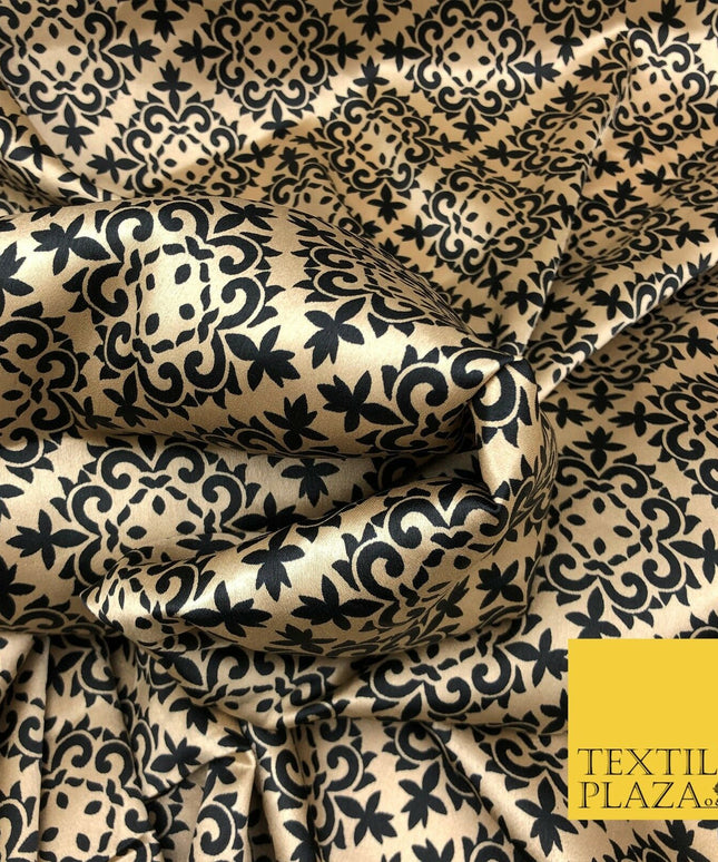 Gold Black Ornate Damask Printed Satin Dress Fabric Silky Trendy Craft 56" A1029