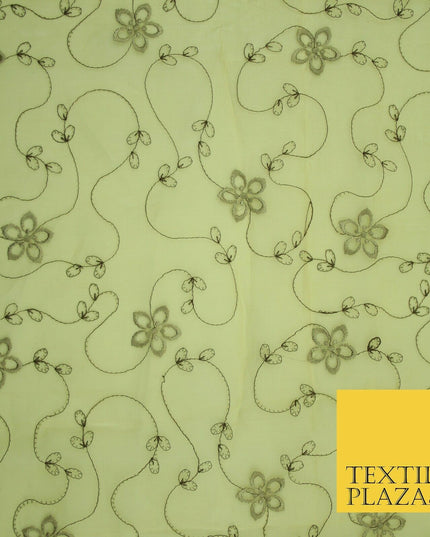 Gold Tonal Floral Flowing Lines Flower Embroidered Organza Dress Fabric 2815