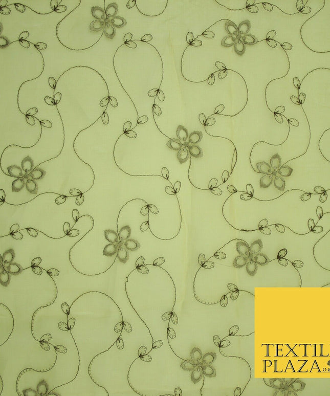 Gold Tonal Floral Flowing Lines Flower Embroidered Organza Dress Fabric 2815
