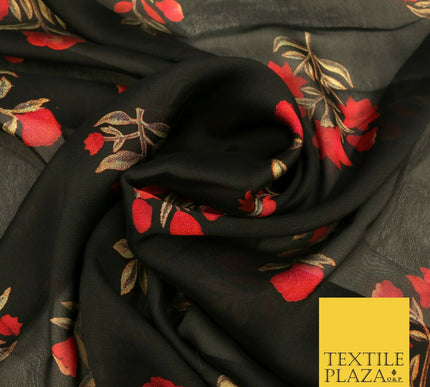 BLACK Floral Petunia Premium Printed Sheen Georgette Dress Fabric Drape 1668