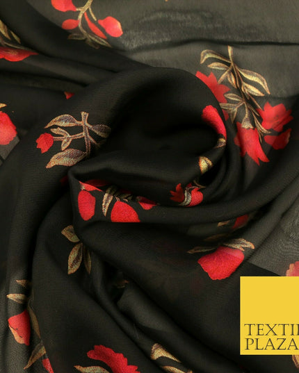 BLACK Floral Petunia Premium Printed Sheen Georgette Dress Fabric Drape 1668
